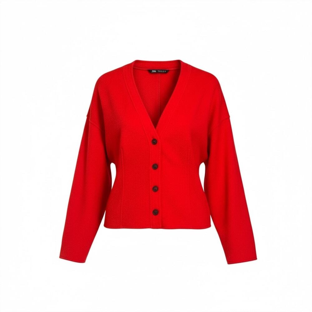 Zara Cardigan Women Large Red Button Front V-Neck Cinched Waist Long Sleeve Knit
